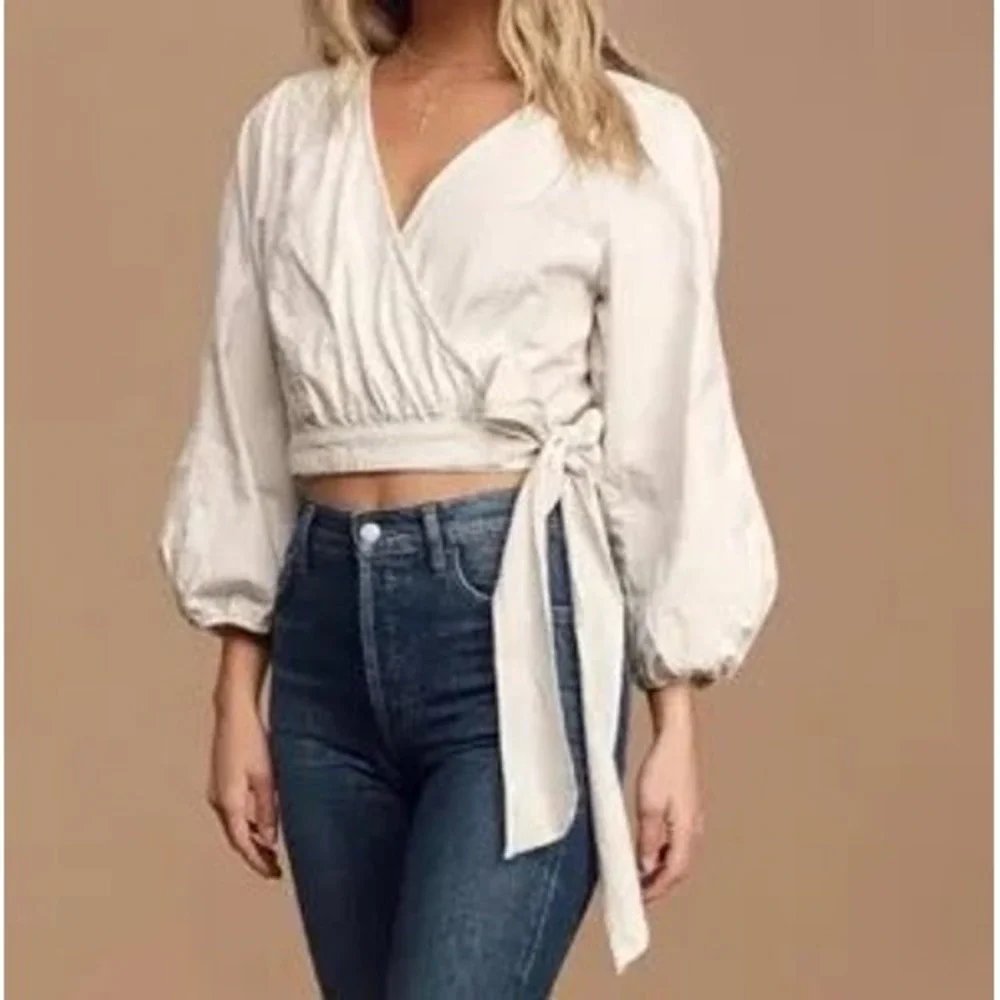 Free People Sophie wrap Top Womens XS Ivory Excellent Puff Sleeve Tie Waist Crop